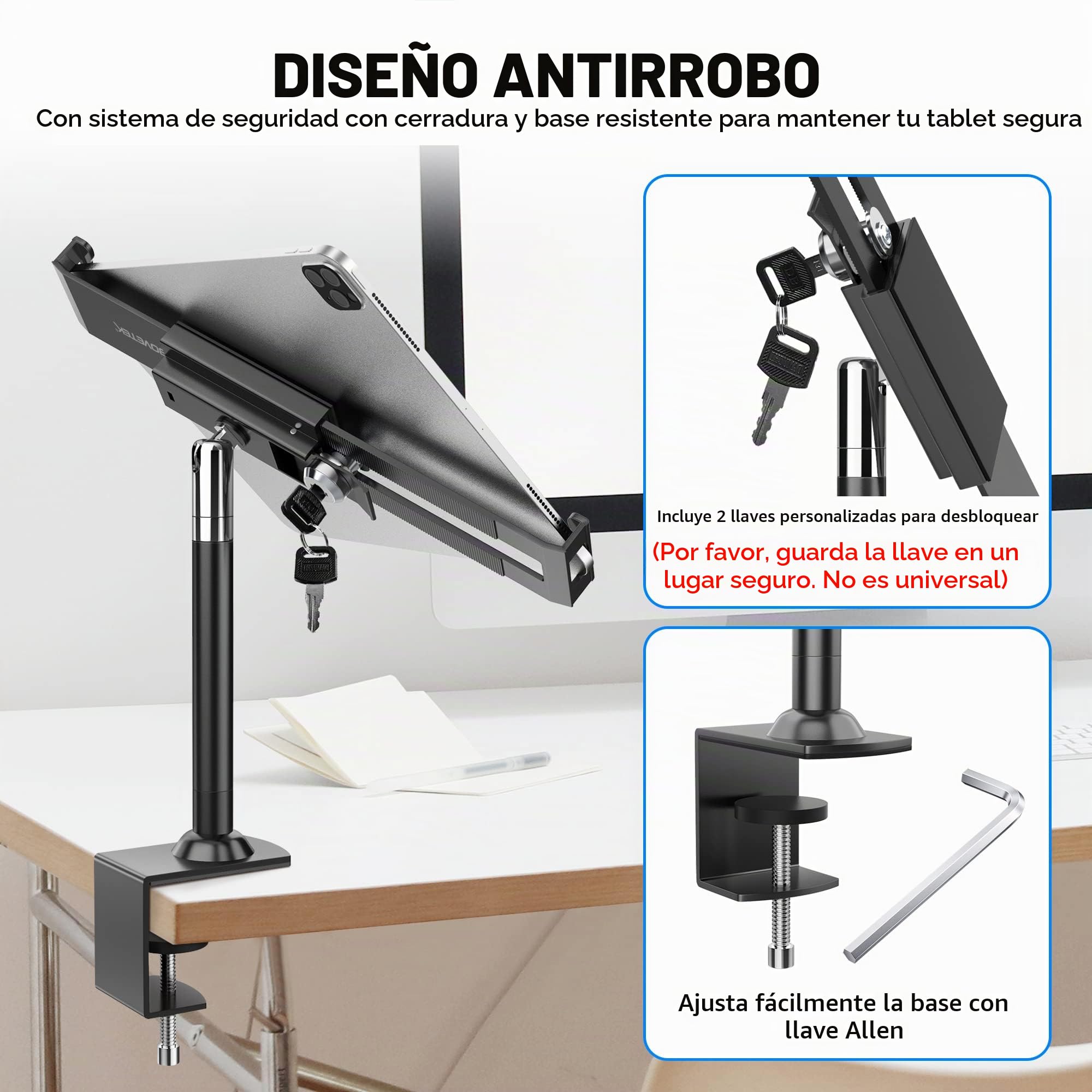 AboveTEK Bloqueo Antirrobo Soporte para Tablet - 360/320 POS Swivel - Bloqueo de Seguridad para Tablet, Soporte de Mesa con Abrazadera para iPad de 7 a 11 Pulgadas Fire Microsoft Galaxy Tab Google