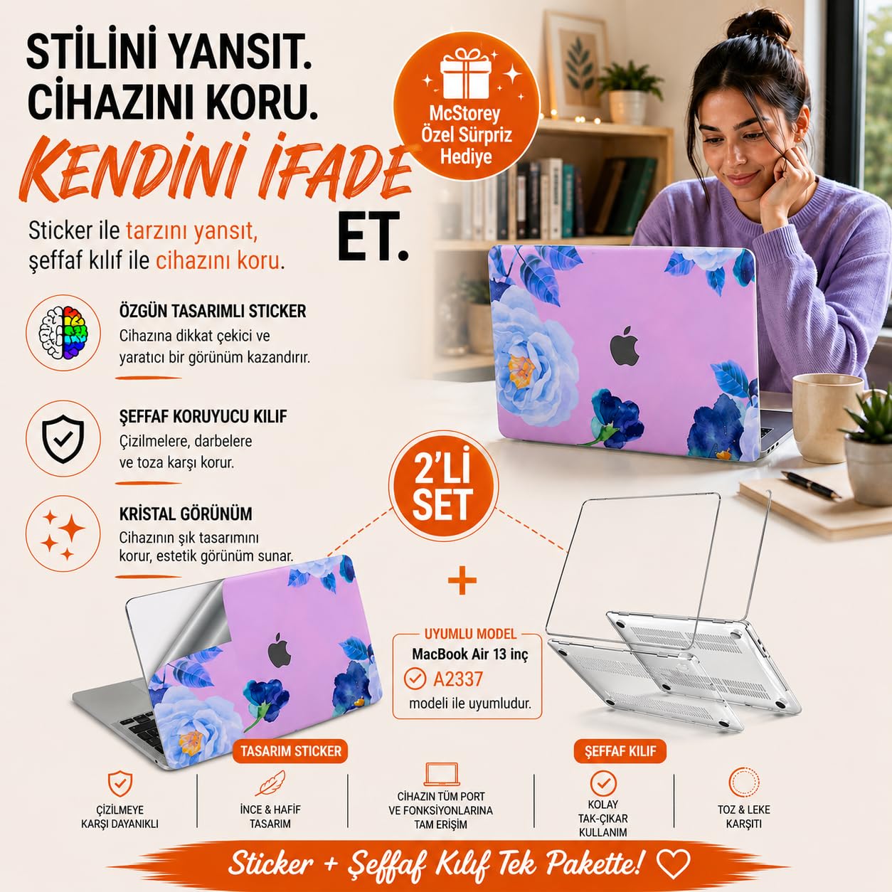McStorey MacBook Air 13 İnç M1 A2337 Şeffaf Kılıf, Kristal Hard Case 3'lü Premium Koruma Seti, 3M Blue Blossom Sticker + USB-C USB Adaptör, İnce Hafif Darbe ve Çizilme Korumalı, Tam Uyum Açık Lila