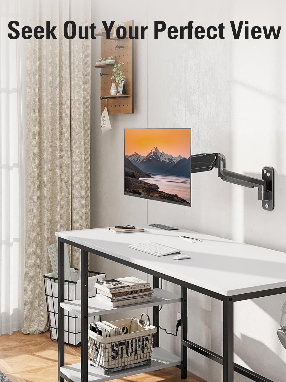 Single Monitor Wall Mount for 13-32" Computer Screens, Gas Spring Monitor Arm Holds Up to 19.8 lbs, Full Motion Height Adjustable Wall Bracket, 75x75/100x100mm VESA Mount, XD7001