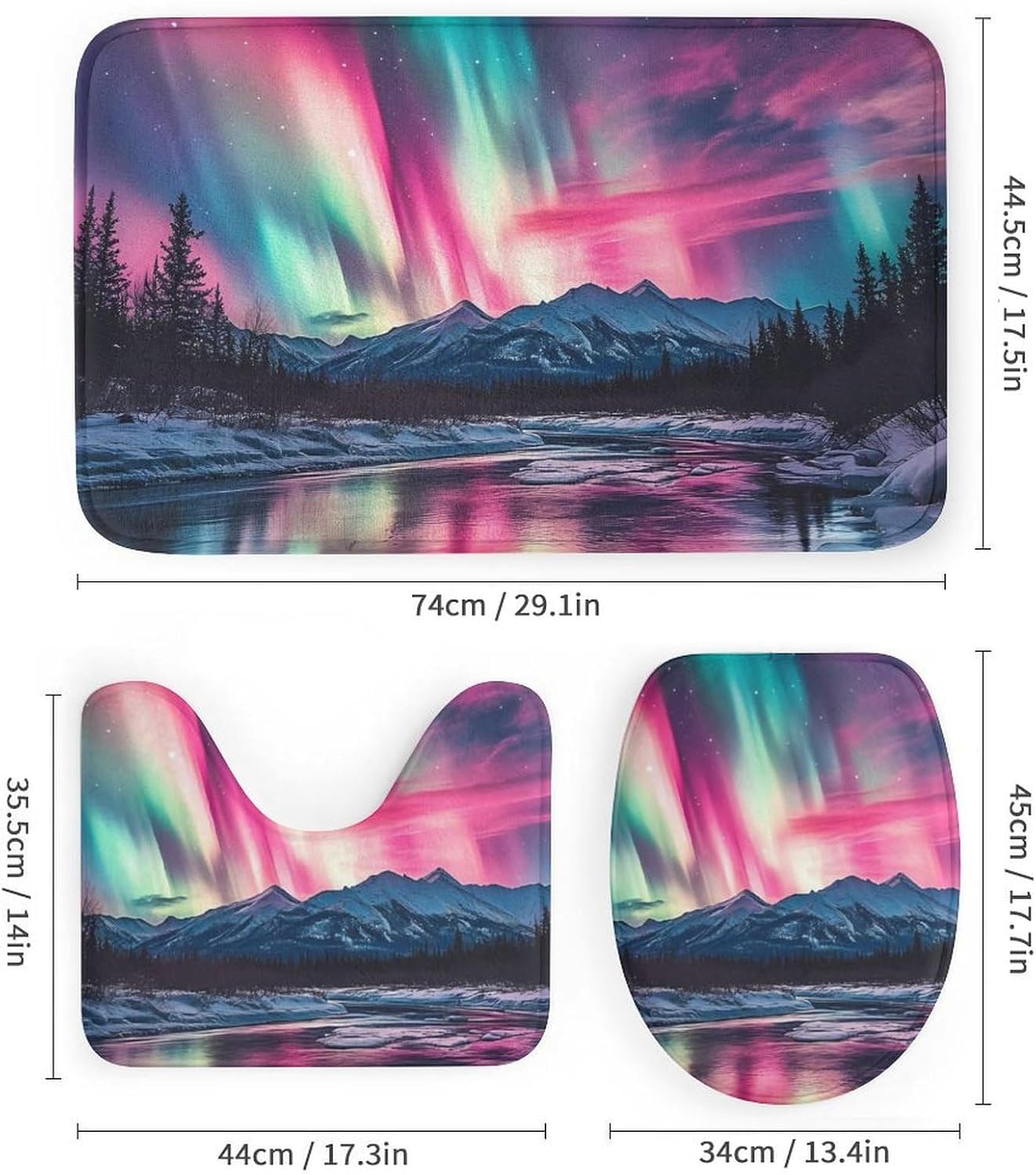 Northern Lights Red Blue Green Modern Bathroom Sets with Shower Curtain and Rugs Decor 4 Pcs with 12 Hooks