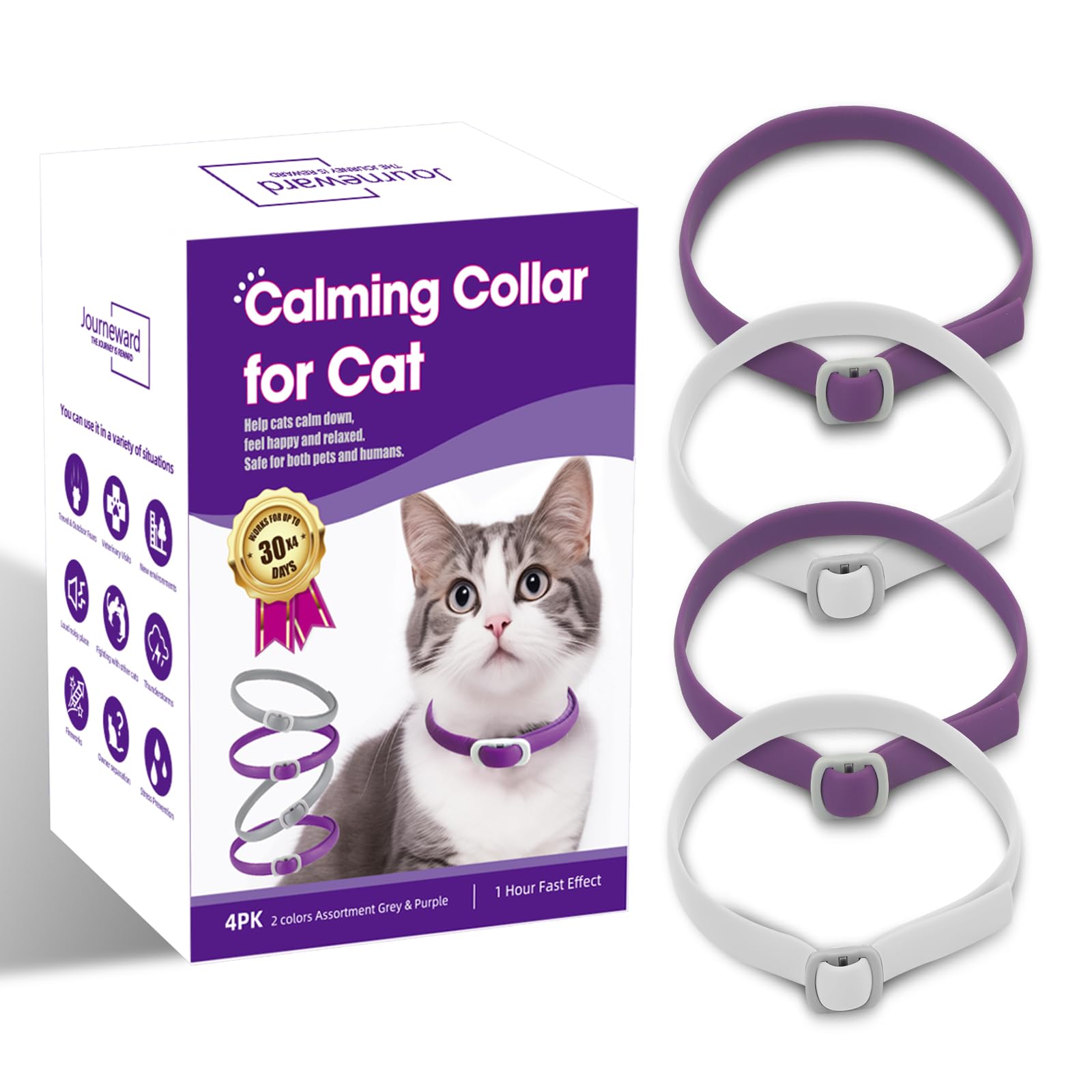 Cat Calming Collar, 4 Pack, Grey and Purple, 30 Day Effect
