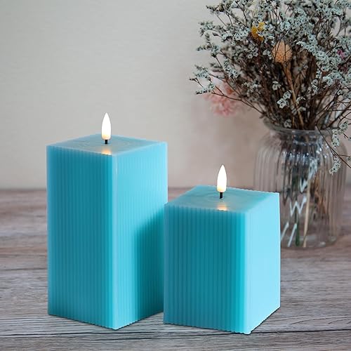 Miniatura 5 de Girimax Velas LED cuadradas sin llama de color azul turquesa con control remoto, velas de pilar de cera real parpadeantes, paquete de 2  3 pulgadas