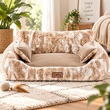 CatfyTM 32 Inch Cat Couch Bed with 2 Pillows Faux Fur Cat Sofa, Reversible Plush & Velvet Cushion, Washable Cover, Supportive Backrest, Non-Slip Base for Large Indoor Cats