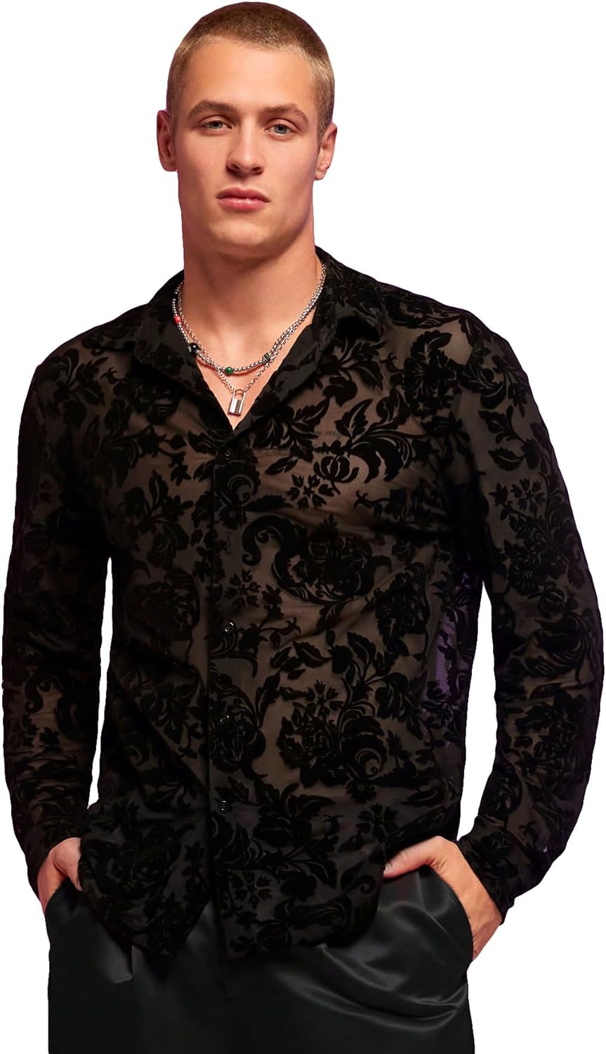 WDIRARA Men's See Through Mesh Shirt Collared Long Sleeve Textured Shirt Tops