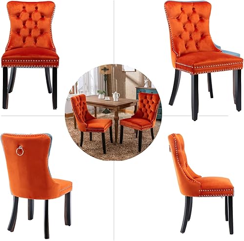 Miniatura 54 de Juego de 4 sillas de comedor de terciopelo beige, sillas de comedor tapizadas con adorno de tirador de anillo trasero y patas de madera maciza,