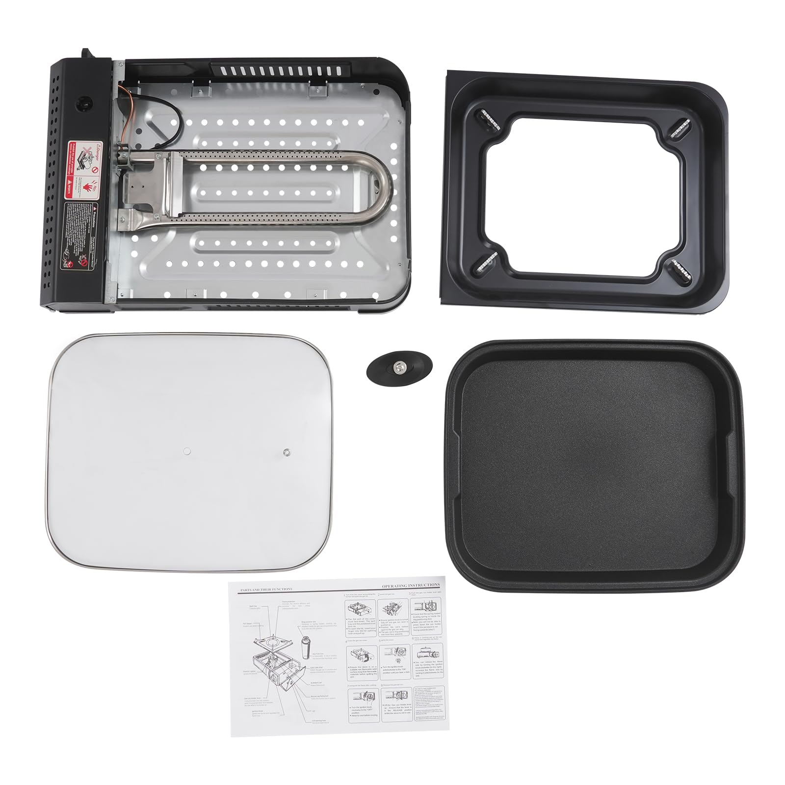 Kit barbecue à gaz de camping 2 en 1 - Réchaud à gaz portable - Avec poêle à barbecue, couvercle en verre et valise - Pour l'extérieur et le camping - Puissance : 2,1 kW