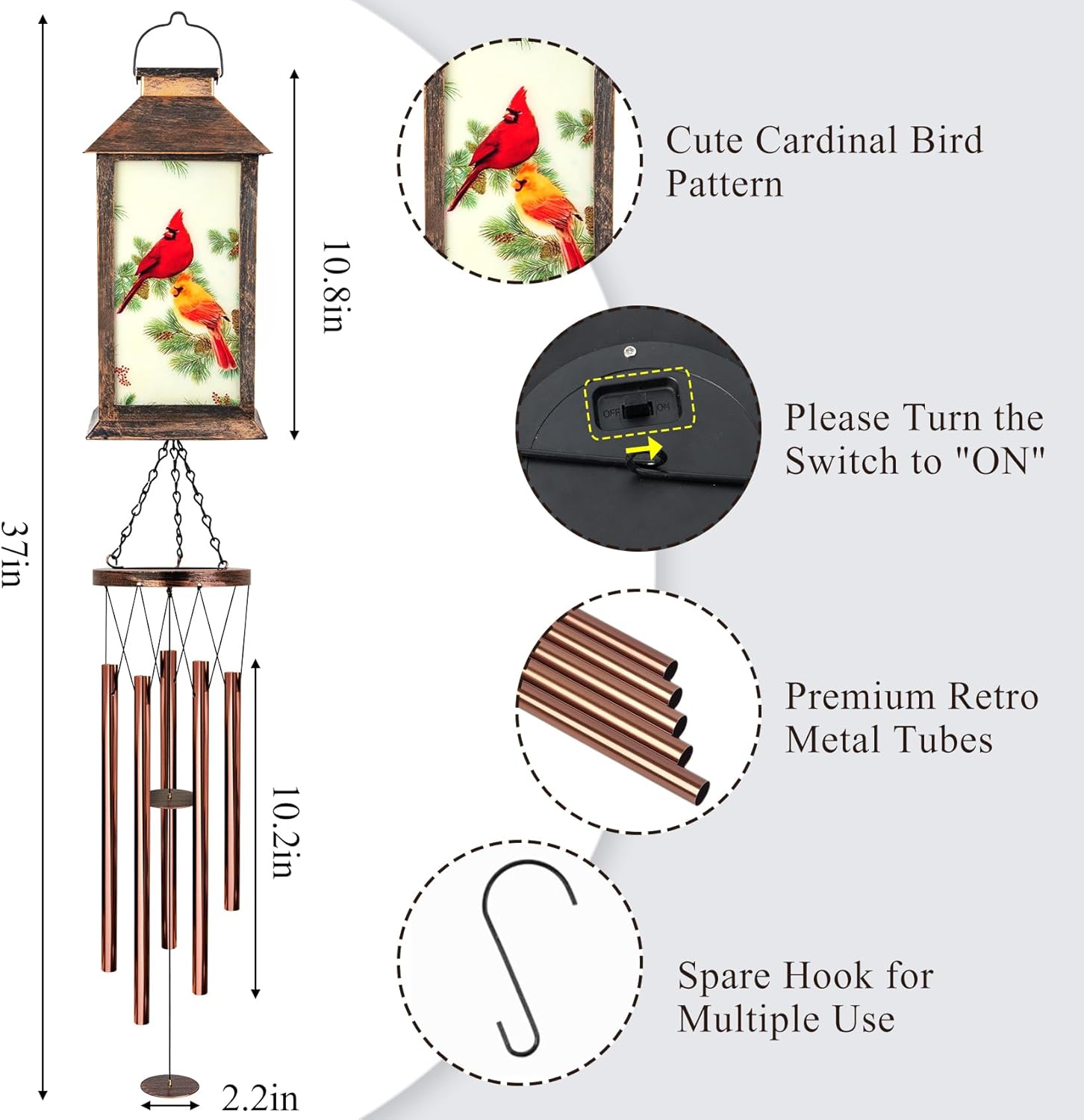 Cardinal Wind Chimes for Outside, 37" Hanging Memorial Solar Wind Chimes for Outside, Solar Lantern Christmas Cardinal Gifts for Women Mom Windchimes Outdoors for Patio Garden Decor Birthday