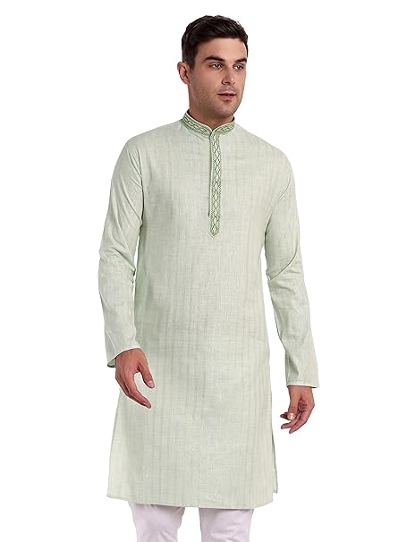 TESMARE Cotton Long Sleeve Embroidered Men Kurta Regular Fit Full Sleeve Men Straight Long Kurta,Green