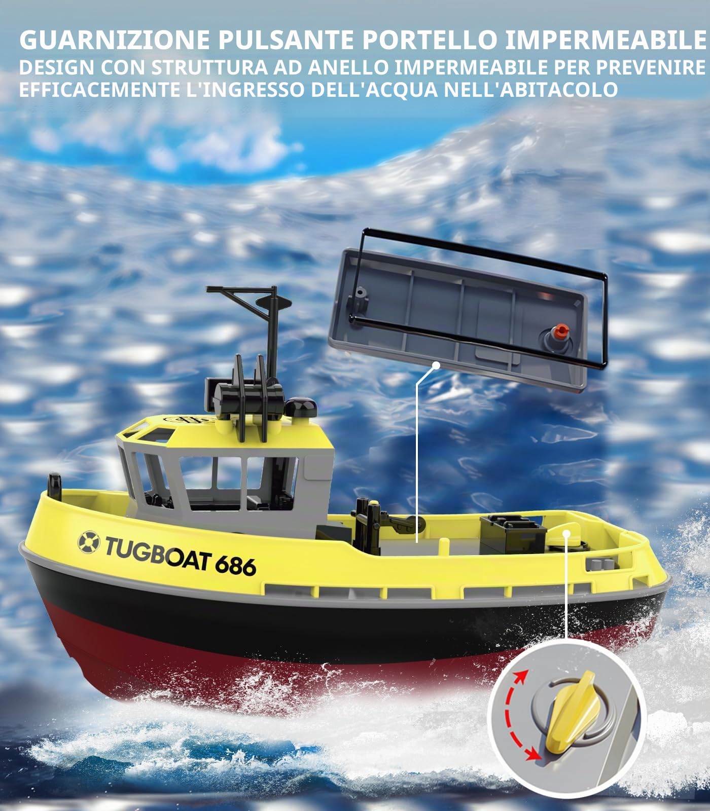 fisca Barca telecomandata – 1/72 barca RC ad alta velocità per piscine e laghi, rimorchiatori RC con 40 minuti di riproduzione e promemoria della batteria per bambini e adulti (giallo)