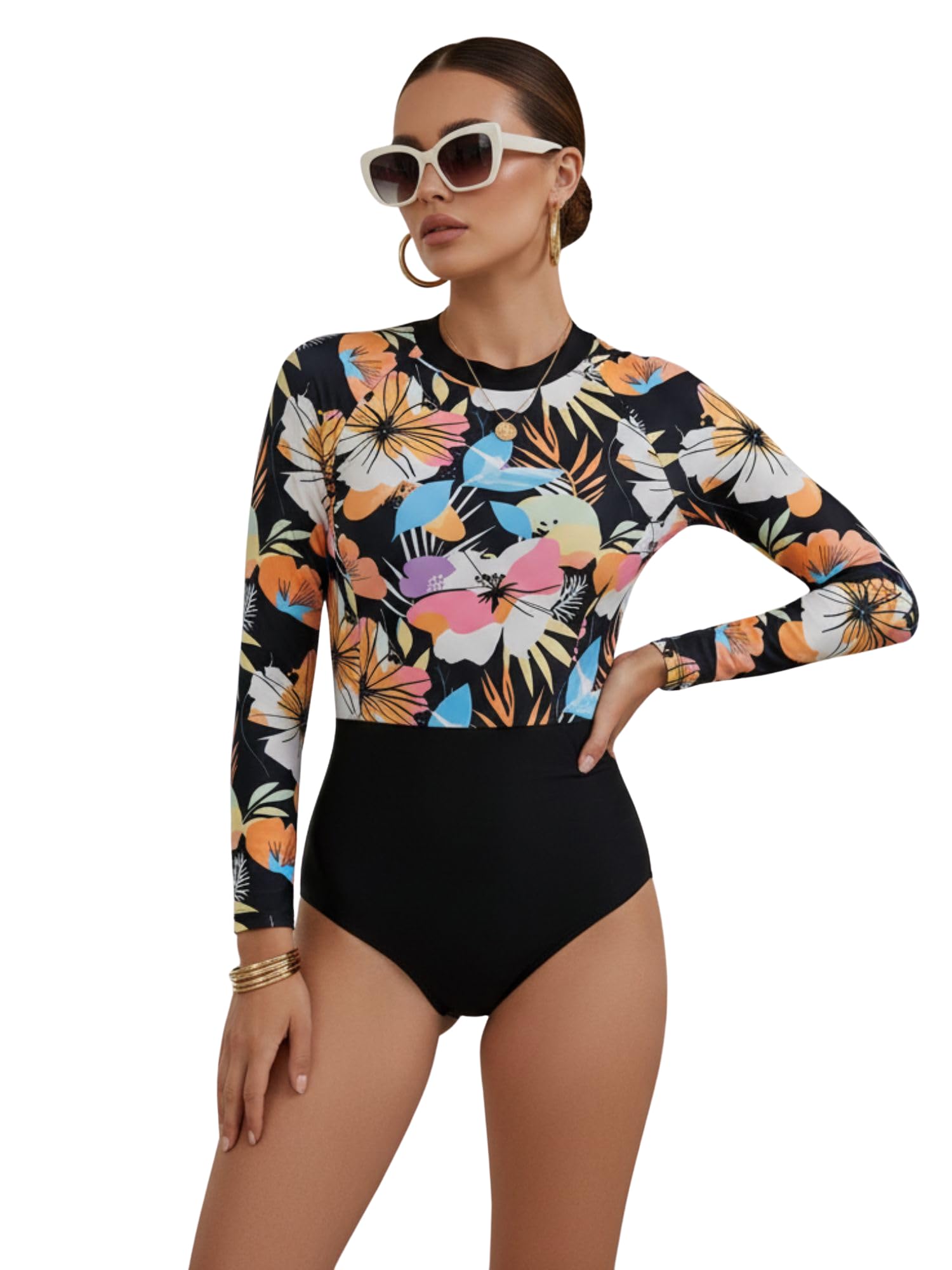 Tropical Floral Long Sleeve Rashguard Swimsuit-image-37