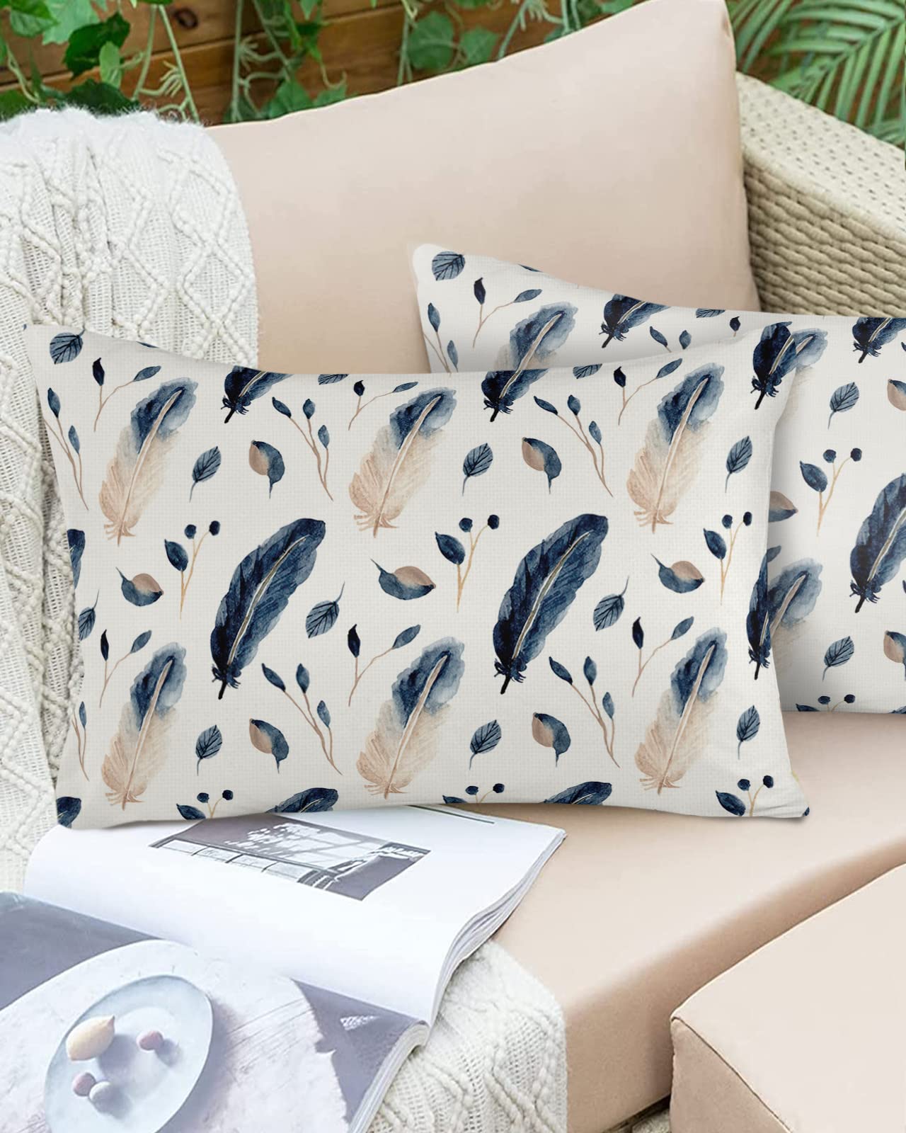 Outdoor Pillow Covers Waterproof, Ink Painting Feather Filling All Weather Cushion Case Set of 2, Beige Ink Blue Abstract Backdrop Lumbar Pillowcase for Sofa Couch Bed Decor Patio Furniture 20