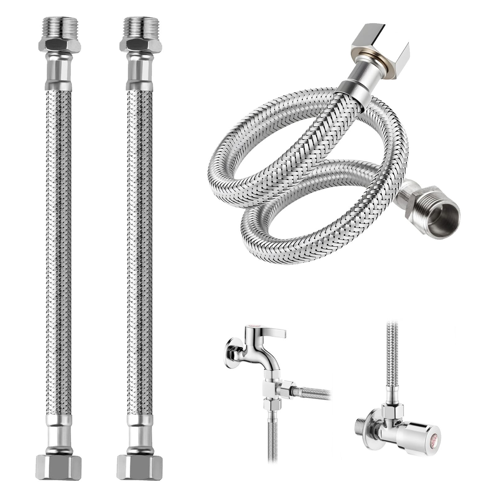 2 tubi flessibili da 3/8 pollici (60 cm: 30 + 30 cm), tubo corazzato in acciaio inox 304 con filettatura/filettatura esterna, flessibile per rubinetto, valvola angolare, cassetta di