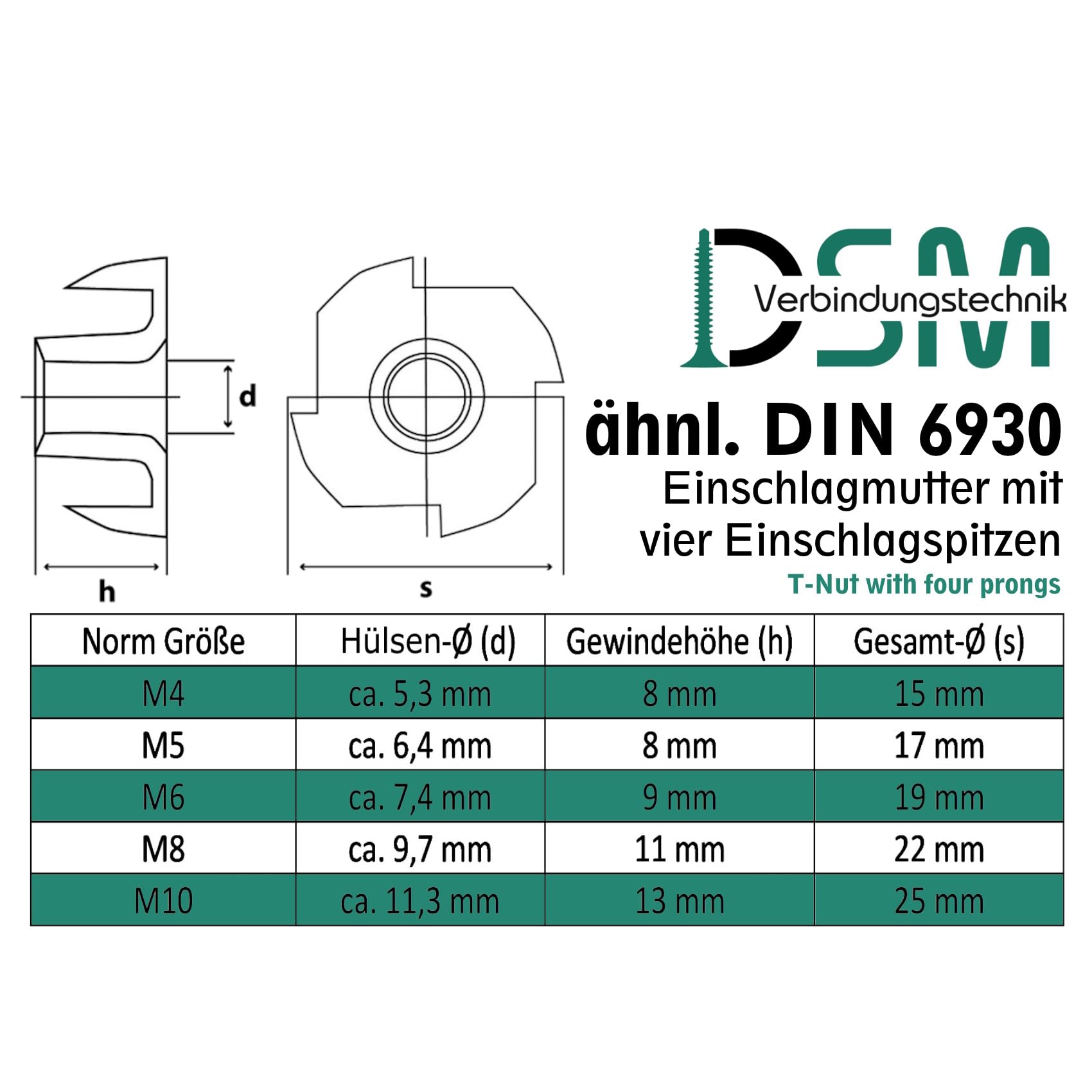 Dadi a inserimento con 4 punte di inserimento in acciaio zincato a scelta in M4 M5 M6 M8 M10 (100 pezzi, M4 x 8 mm)