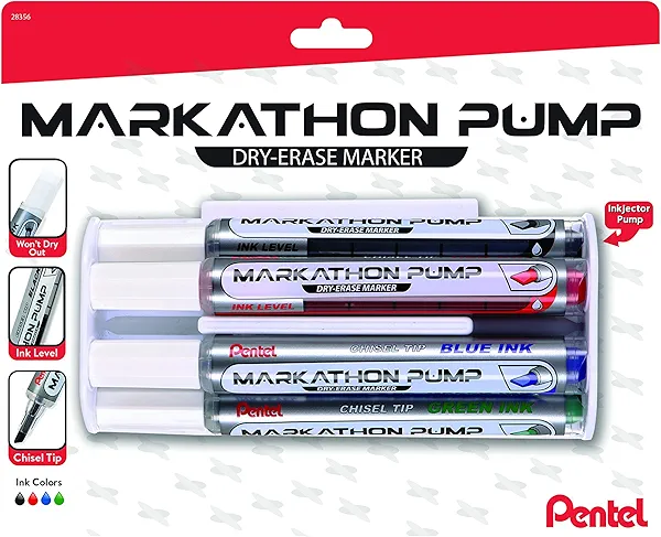 Pentel Markathon Pump Dry Erase Marker, Chisel Tip, Assorted Colors, 4 Pack with Eraser (MWL6SXBP4MKIT)