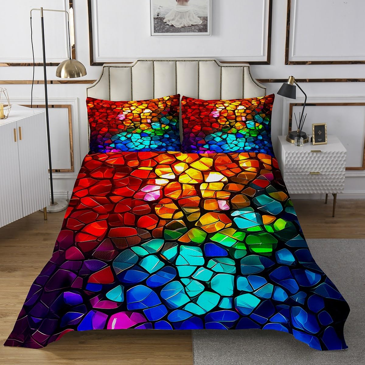 jejeloiu Mosaic Bedspread King Size Kids Stained Glass Coverlet Set Geometric Colorful Quilted Coverlet Microfiber