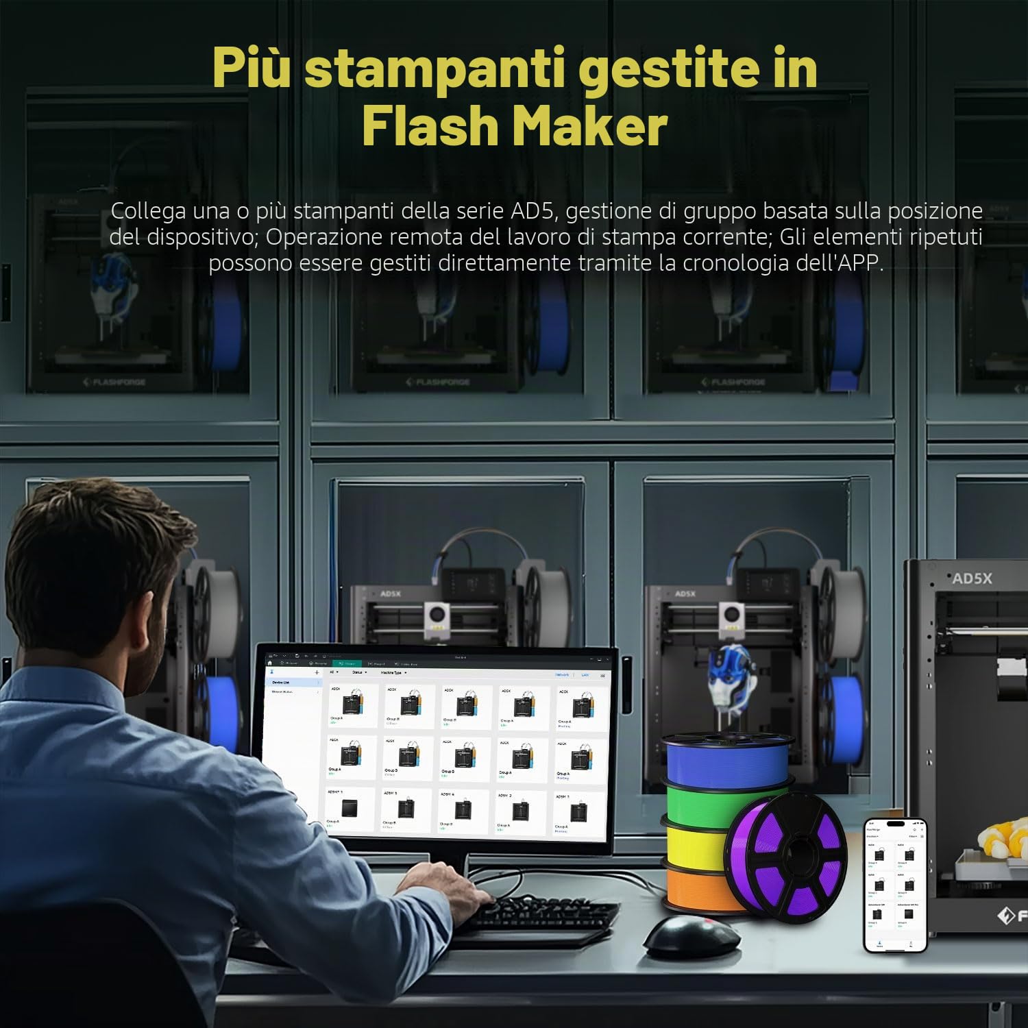 FLASHFORGE AD5X, stampante 3D multifilamento, stampa multicolore, velocità 600mm/s, stampa 1-clic con creazioni IFS, calibrazione automatica e backup del filamento, stampa 220 x 220 x220 mm