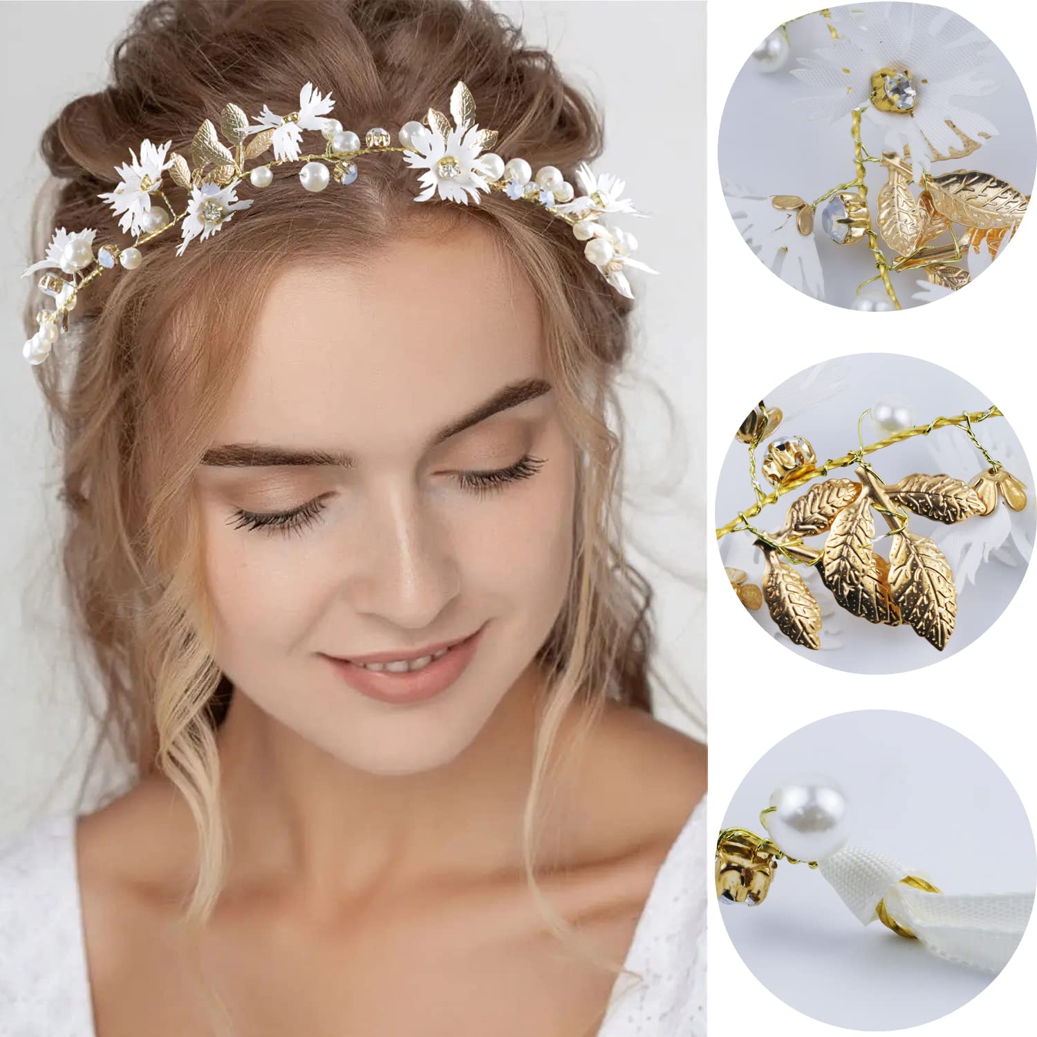 LAPOHI 2 Stück Hochzeit Blume Kopfschmuck für Mädchen, Blume Stirnband Fee Perle Blume Krone für Mädchen Braut Kristall Blume Tiara für Frauen Hochzeit