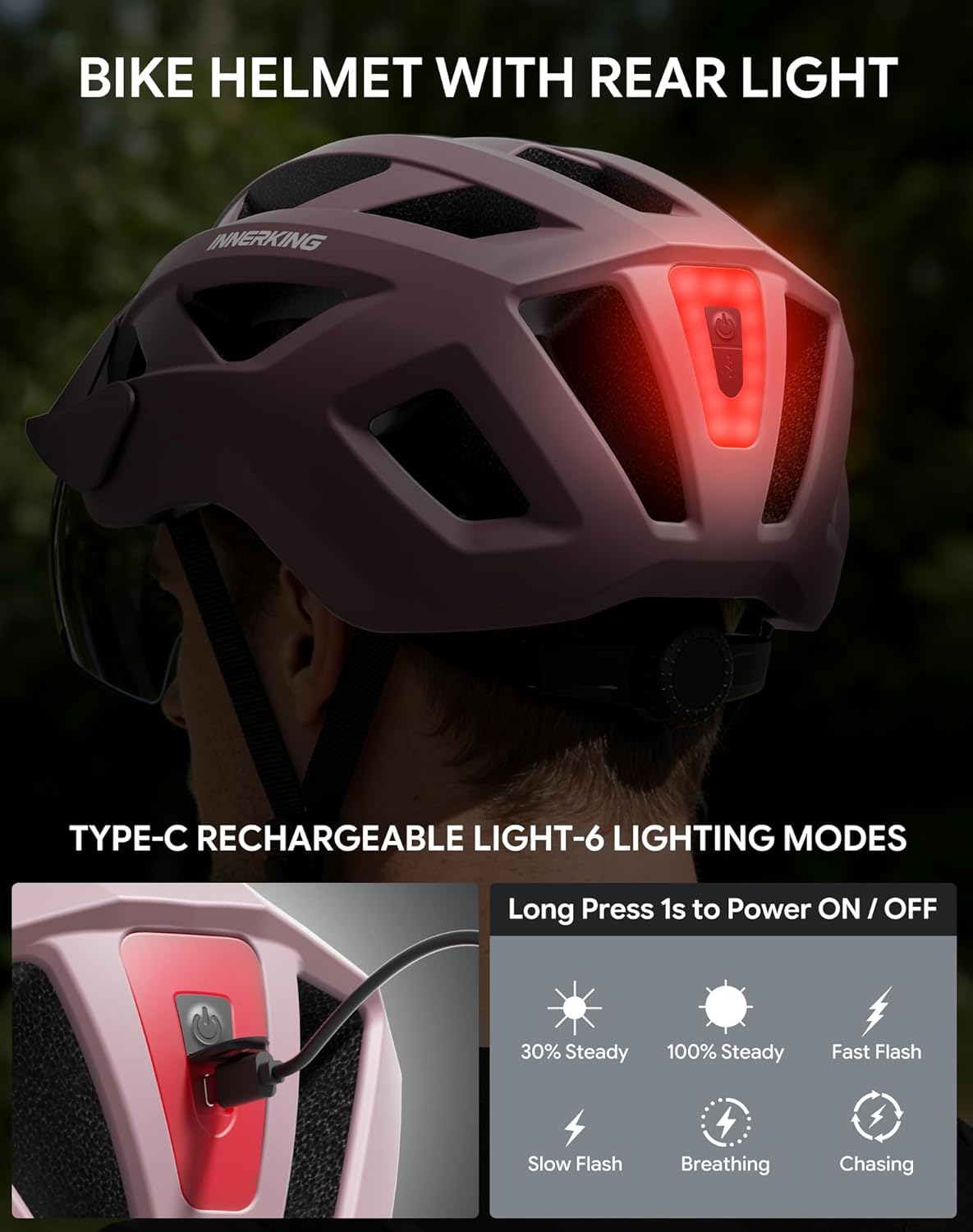 InnerKing Bike Helmet for Adults, Lightweight Mountain Bicycle Helmet with USB Rechargeable Rear Light Detachable Magnetic Goggles, Road Bike Helmet with Visor for Men Women