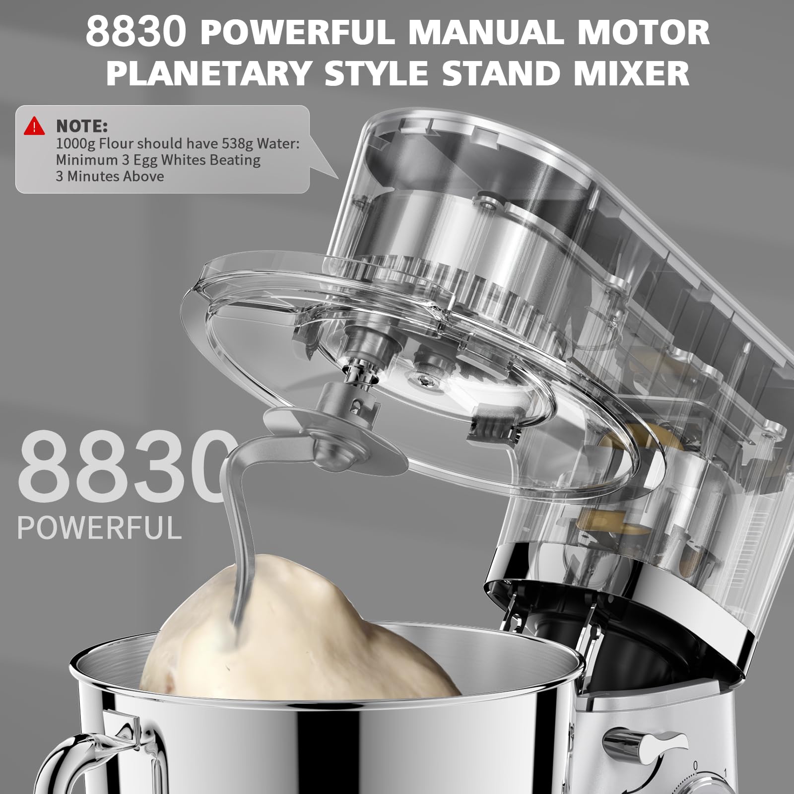 Küchenmaschine, POWWA 6,2 L Rührmaschine Knetmaschine, 6+1 Geschwindigkeit Teigmaschine,1500W Teigknetmaschine mit Schneebesen, Knethaken, Rührbesen & Spritzschutz zum Backen, Kuchen, Kekse
