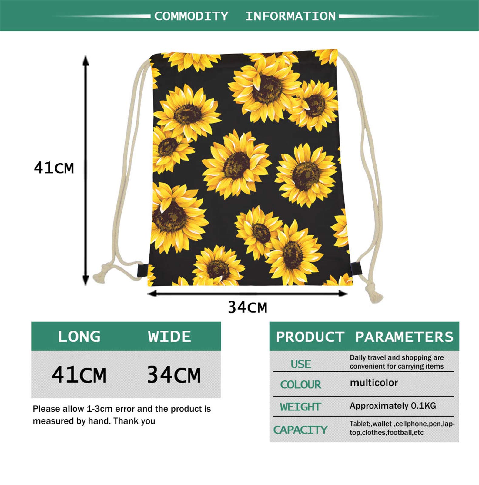 doginthehole Sunflowers Floral Print Drawstring Backpack Bag Sport Gym Sackpack Outdoor Yoga Gym Swimming Travel Beach Sackpack for Girls