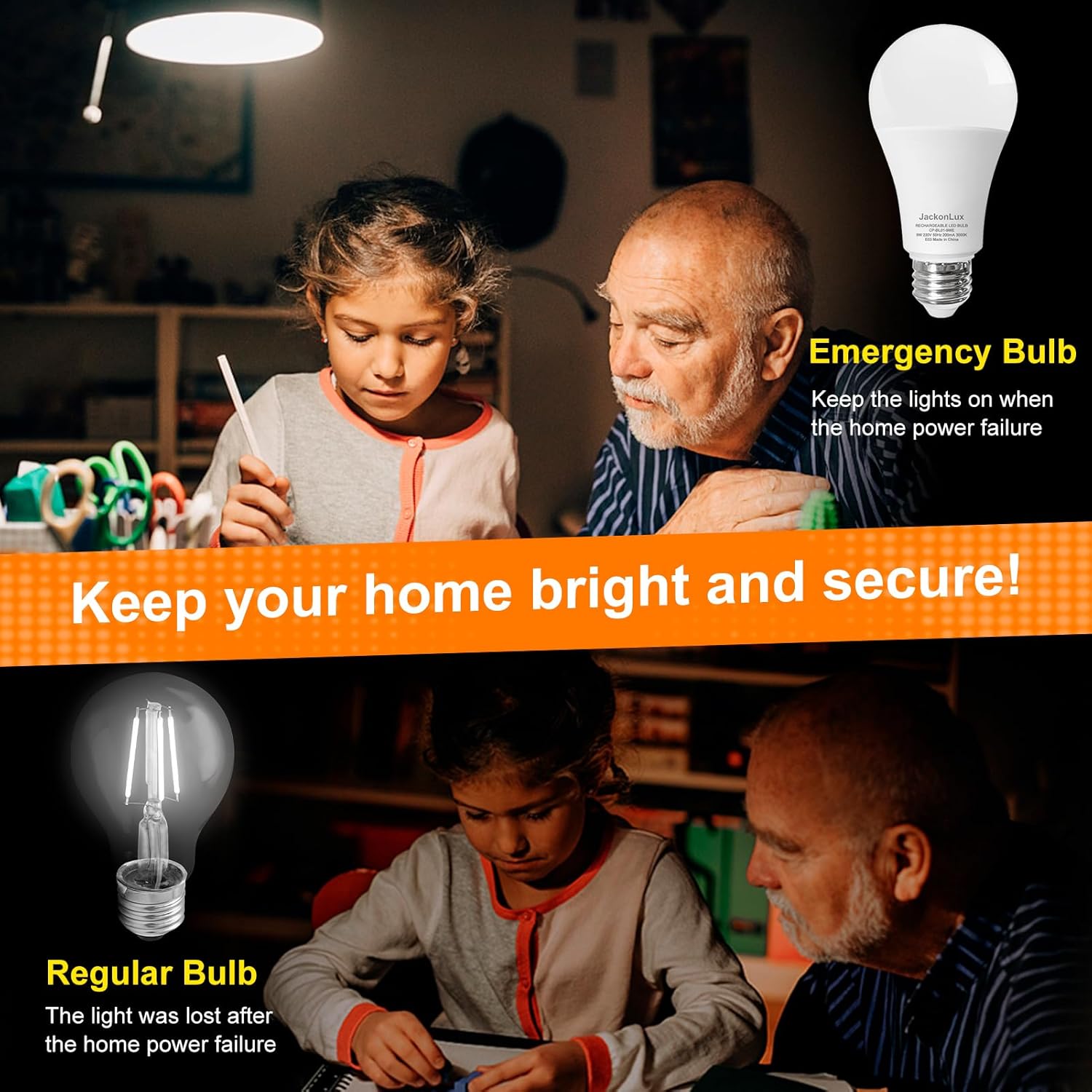 Rechargeable Emergency LED Bulb JackonLux Multi-Function Battery Backup Emergency Light For Power Outage Camping Outdoor Activity Hurricane 9W 850LM 60W Equivalent Soft White 3000K E26 120 Volt 2 Pack