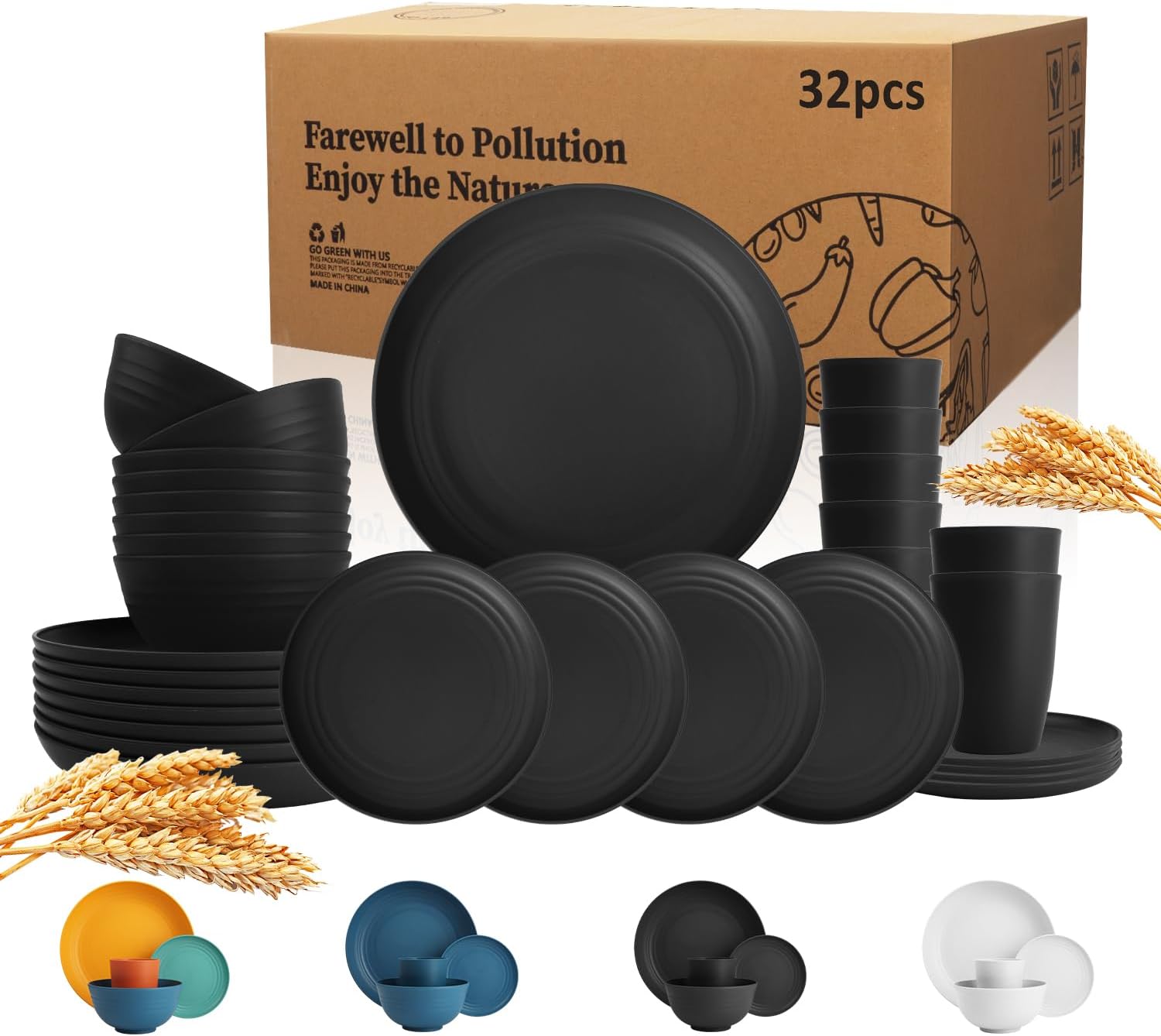 Wrova 32-piece Kitchen Alternative Melamine Wheat Straw Dinnerware Sets,Unbreakbale Dishwasher Safe Kitchen Bowls and Plates Sets with Cups,Apartment Essential Dishes Set for 8.Black Series Black 32 Pack