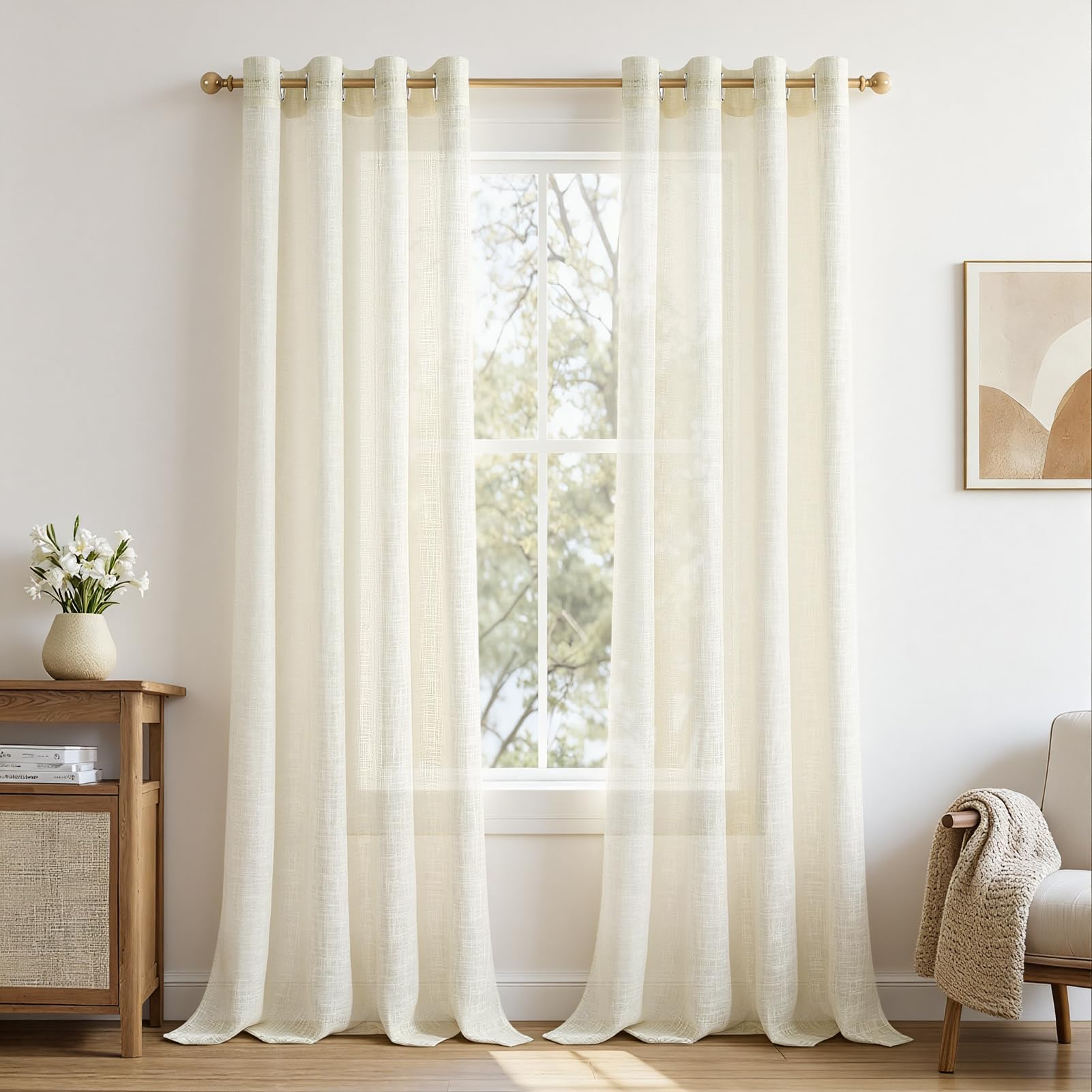 MRTREES 2 Pezzi Tende per Interni Voile in Lino per Cmera da Letto con Occhielli Tende Semitrasparenti per Soggirono Moderne Tenda Trasparente Leggera per Finestra Bianco avorio 140x260 CM
