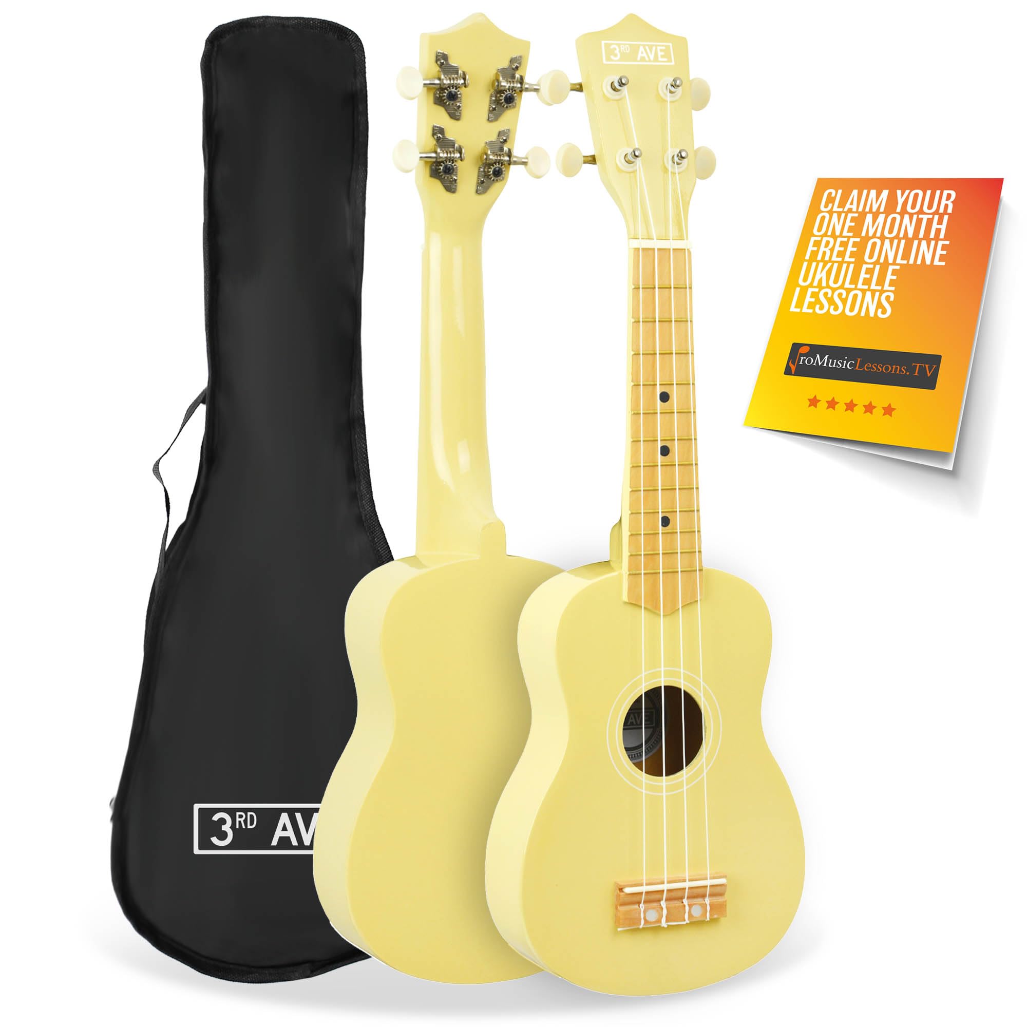 3rd Avenue Soprano Ukulele Beginner 21 Inch 4 Nylon Strings with Free Uke Bag - Pastel Yellow - FREE 1 Month Online Lessons