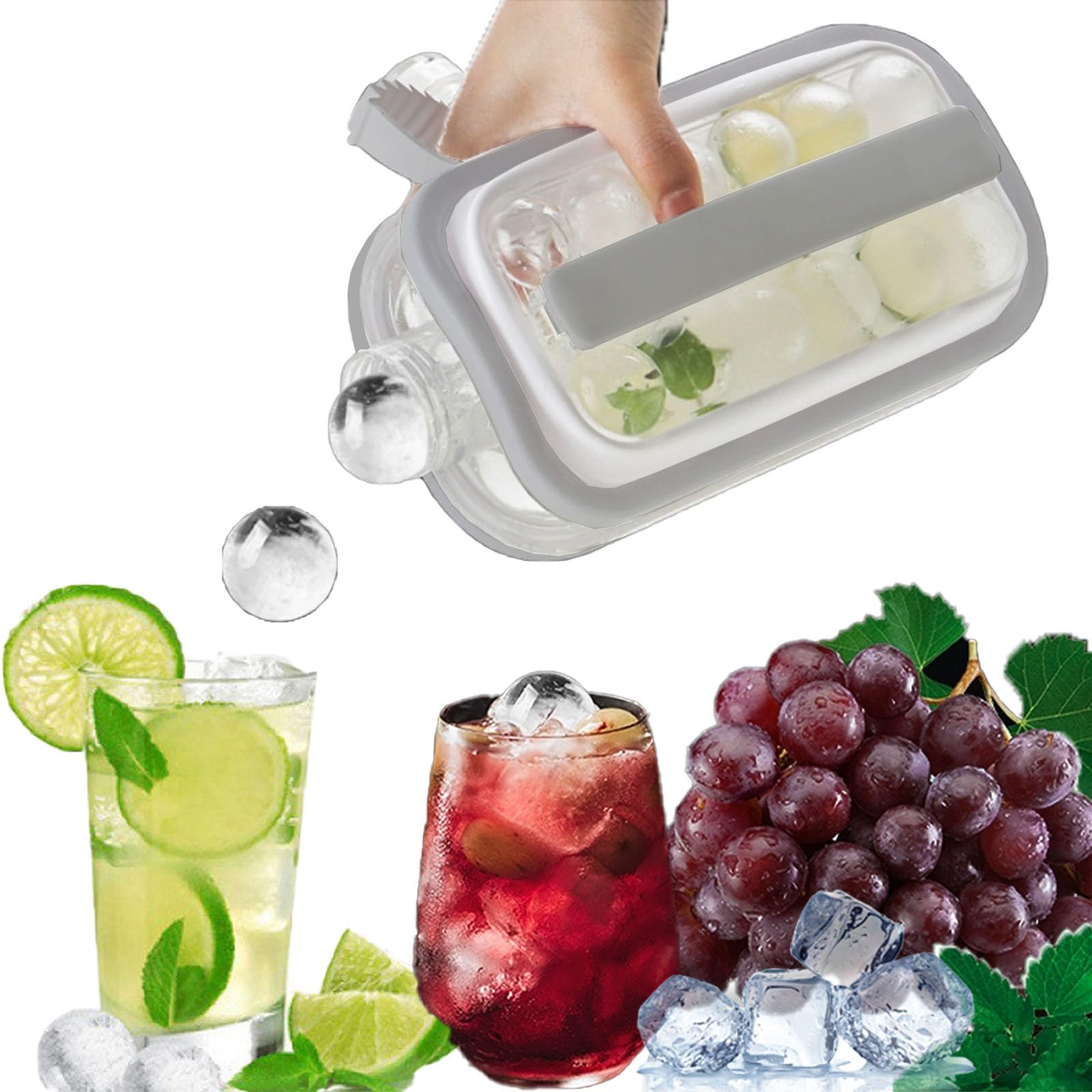 Portable Ball Ice Maker Bottle - 2 in 1 Portable Ice Ball and Round Cube Making with 17 Grids Flat Body for Quick Chilling and Perfect Cocktails (Gray)