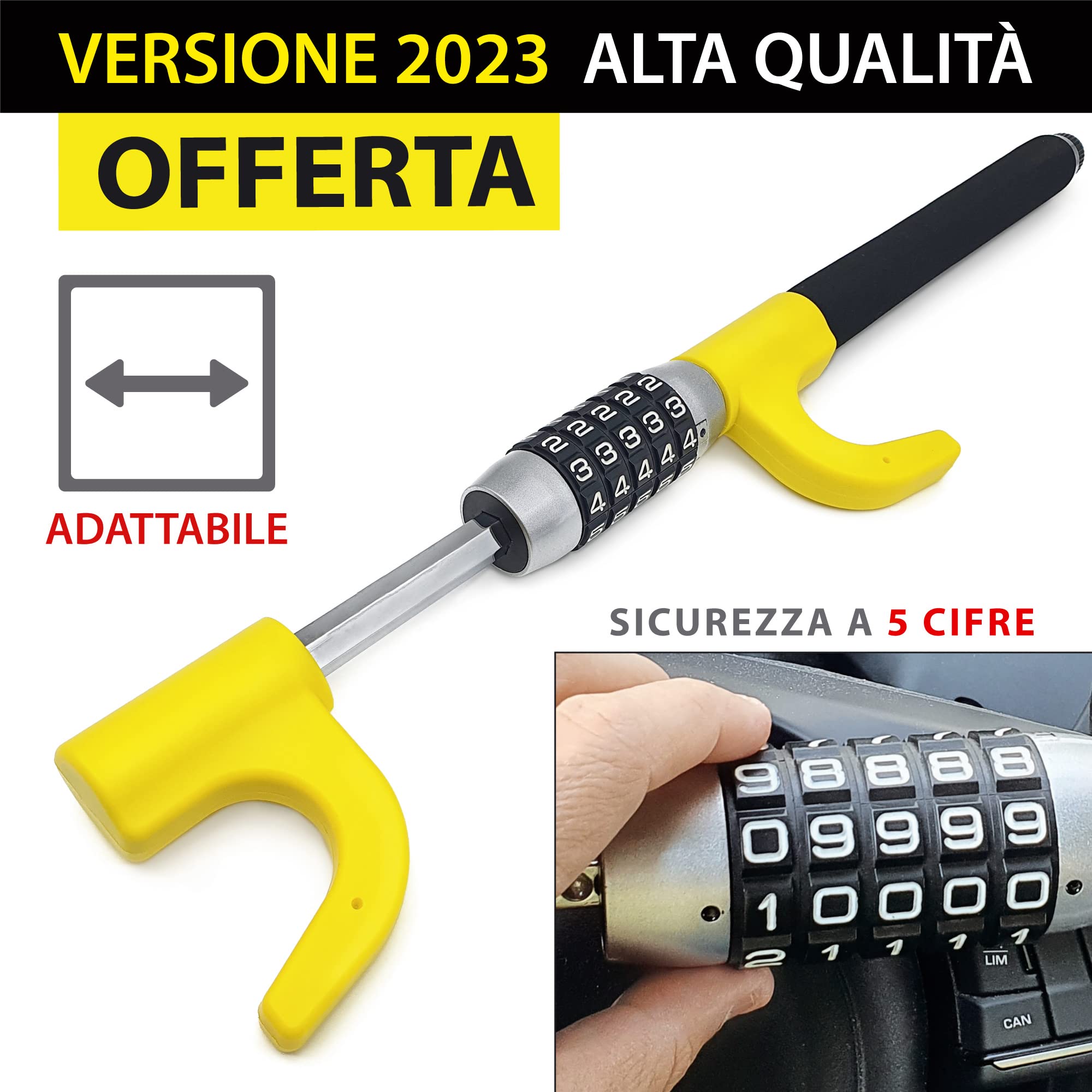 KRASER KR940B Antifurto Auto con Codice Massima Sicurezza, Blocca Sterzo Giallo Più Visibile e Deterrente, Robusto Blocca Volante con Martello Emergenza, Bloccasterzo Universale Automobile Camper
