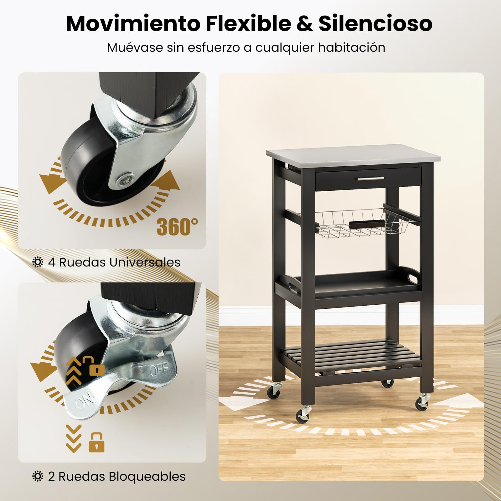 GOPLUS Isla de Cocina con Ruedas, Carrito de Almacenamiento Rodante con Encimera de Acero Inoxidable, Cesta de Alambre Metálico Deslizable, Bandeja para Servir, para Cocina y Comedor (Negro)