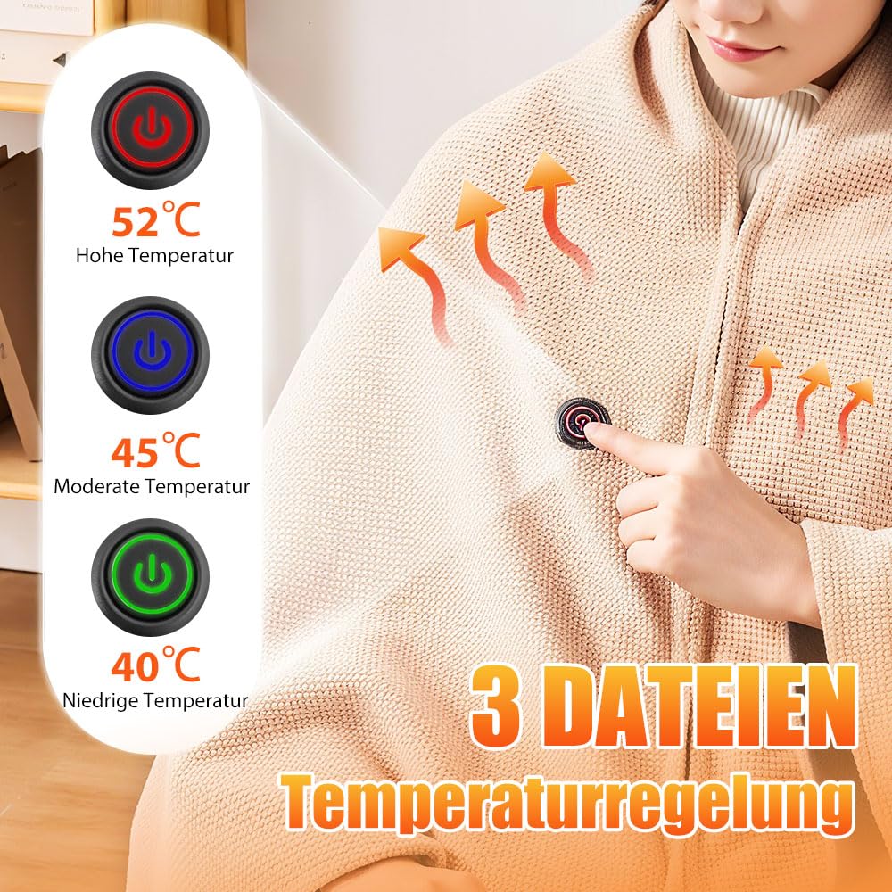 Heizdecke mit Akku, 2025 Neu Elektrische Heizdecke Tragbare Beheizbare Wärmedecke Elektrisch mit 3 Heizstufen für Zuhause, Reisen und Camping (Beige, mit Powerbank)