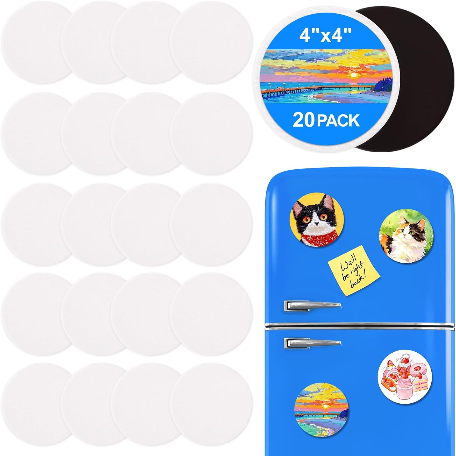 ESRICH 20Pack 4x4IN Round Mini Canvas Magnets, Small Magnetic Paint Canvas | Non-toxic, Ideal for Acrylic, Watercolor, Oil Painting, DIY Magnet Kit, Refrigerator Decor