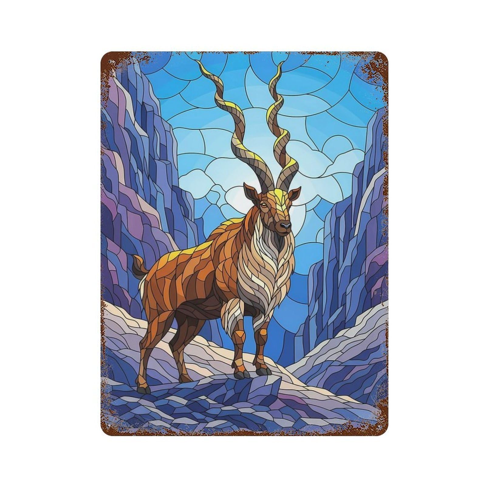 Stained Glass Markhor in Mountains Rustic Tin Plaque 15.7"x11.8", Ideal for Shed, Workshop And Garage Wall Decor