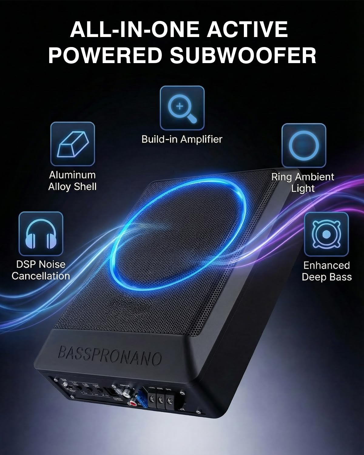 Caisson de Basse pour Voiture, Subwoofer Alimenté sous Le siège Ultra, Puissance Maximale de 1000W, Amplificateur Audio Intégré, Son Surround Stéréo, Subwoofer Compact de 10 Pouces, Noir