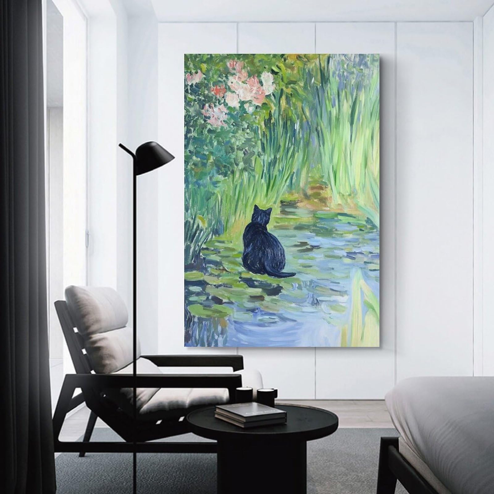 Junmoney Unframe-Style Wall Art Print Black Cat By The Pond, 24X36inch(60X90cm), For Hallway, Bedroom Or Modern Interiors, Thoughtful Wall Decor For Art Lovers
