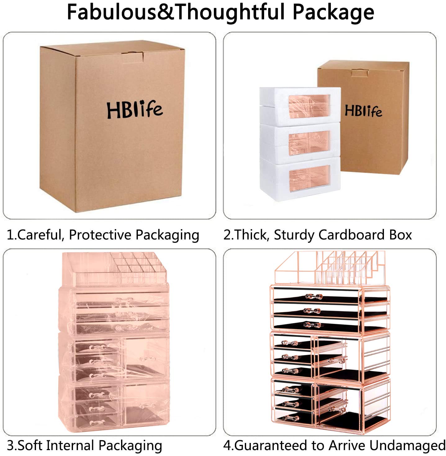 HBlife Makeup Organizer Acrylic Cosmetic Storage Drawers and Jewelry Display Box with 11 Drawers，9.5" x 5.4" x 15.8", 4 Piece, Pink: Beauty