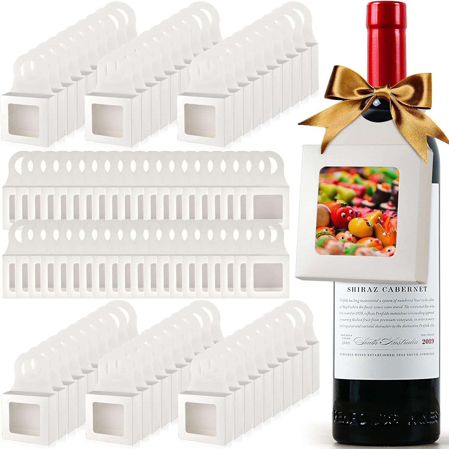 Mototo 100 PCS Kraft Paper Wine Bottle Boxes with Transparent Window Hanger Foldable Wine Bottle Empty Gift Boxes with Hanger for Valentines Christmas Candy Truffles Chocolate Cookies Packing, White