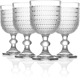 GOROGILE 12 oz Clear Vintage Wine Glasses,Hobnail Drinking Glasses Set of 4,Embossed Goblet Glasses for Wedding,Party, Dinner,Bar