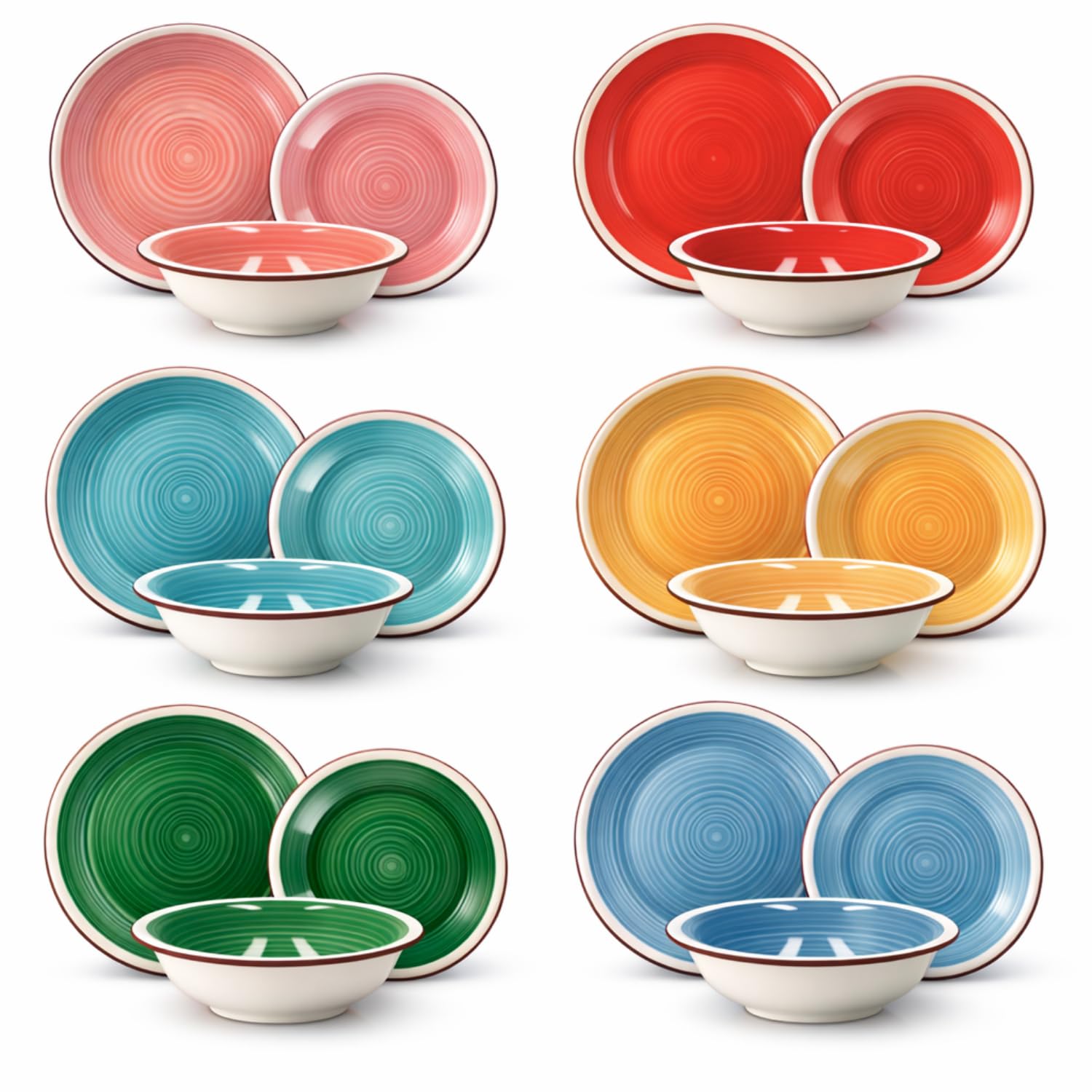 Paluplus Set 18 Piatti Rotondi in Ceramica Multicolor, Servizio per 6 Persone composto da Piatto Fondo Diam.21cm, Piatto Piano Diam.26,5cm e Piattino Dessert Diam.19cm -5165F -12