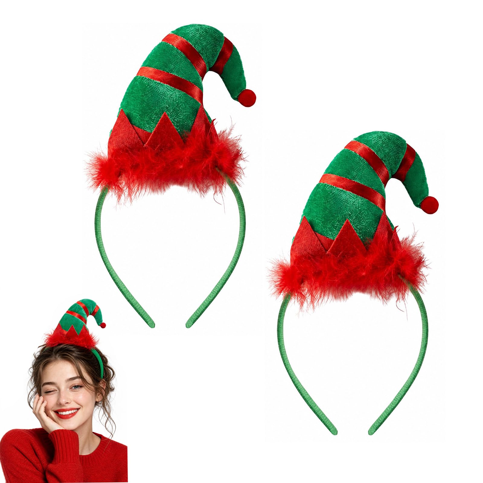 2 Pcs Elf Hat Headbands, Green & Red Furry Elf Headband for Christmas