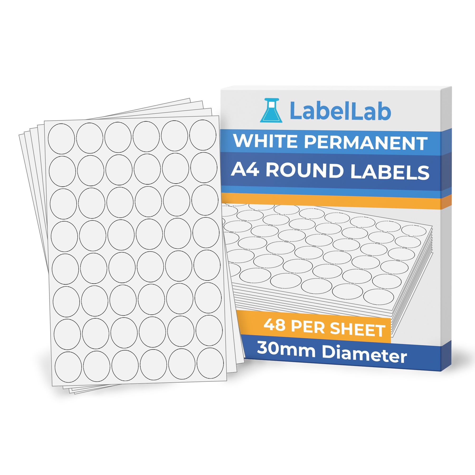 White A4 Round Labels - Printable Circle Sheet Labels for Inkjet & Laser Printers, Permanent Adhesive - 30mm Diameter, 100 Sheets - LabelLab