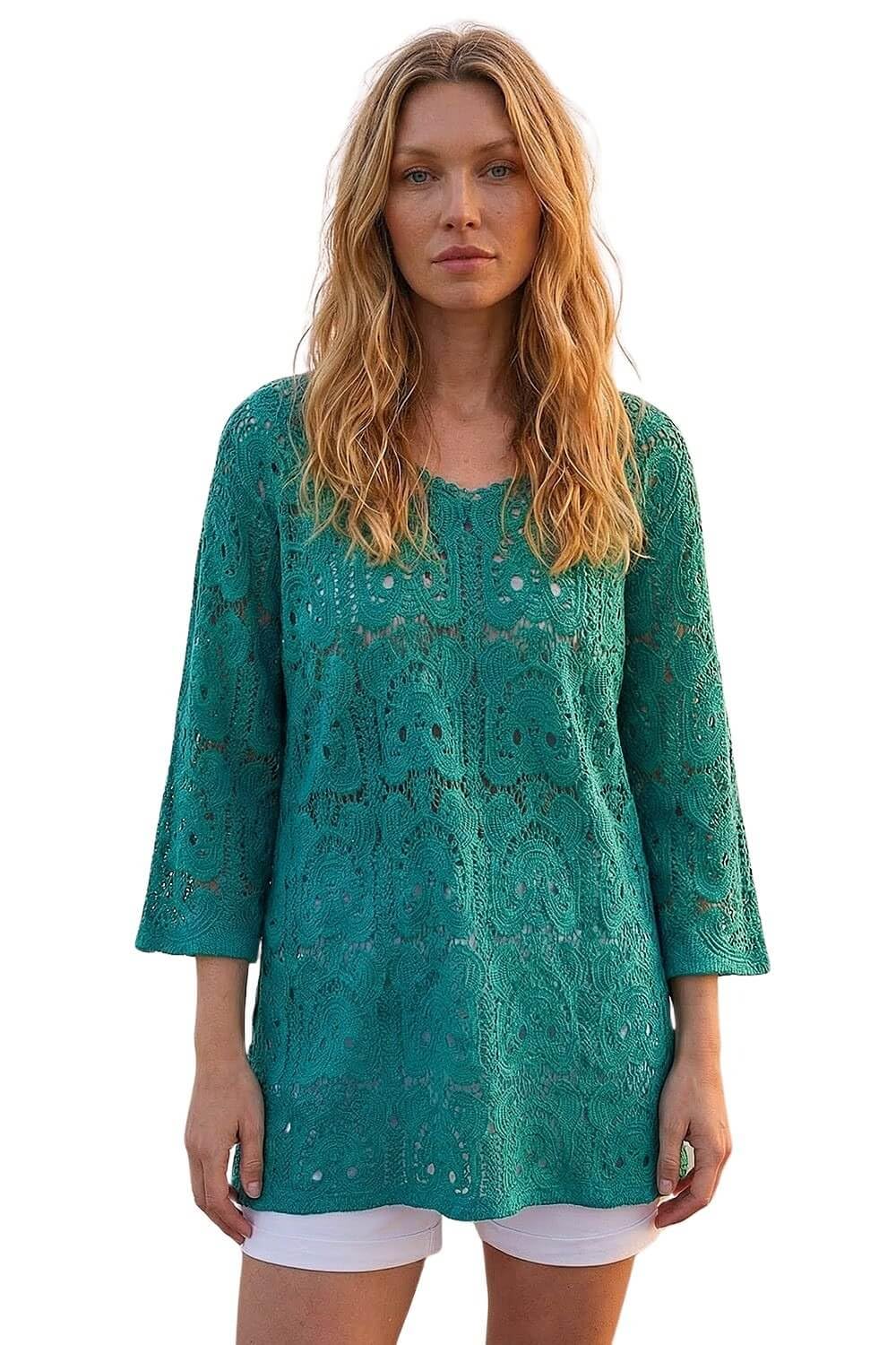 Roman Women's Green Cotton Crochet Tunic Top In Size 14