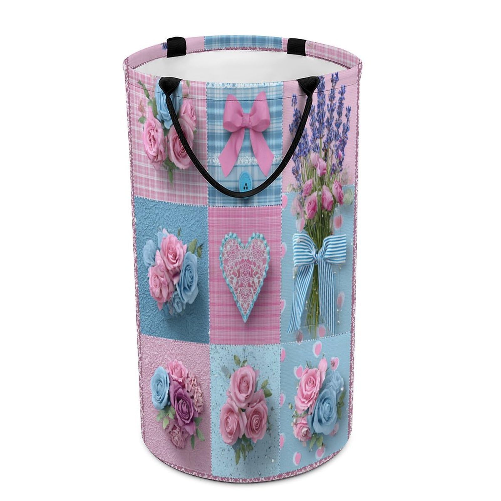LUYYSKY Romantic Geometric Pink Roses Versatile Storage Laundry Basket, Fantasy Watercolor Plants Roses Floral Bows Pattern Large Capacity Bathroom Hamper With Handle
