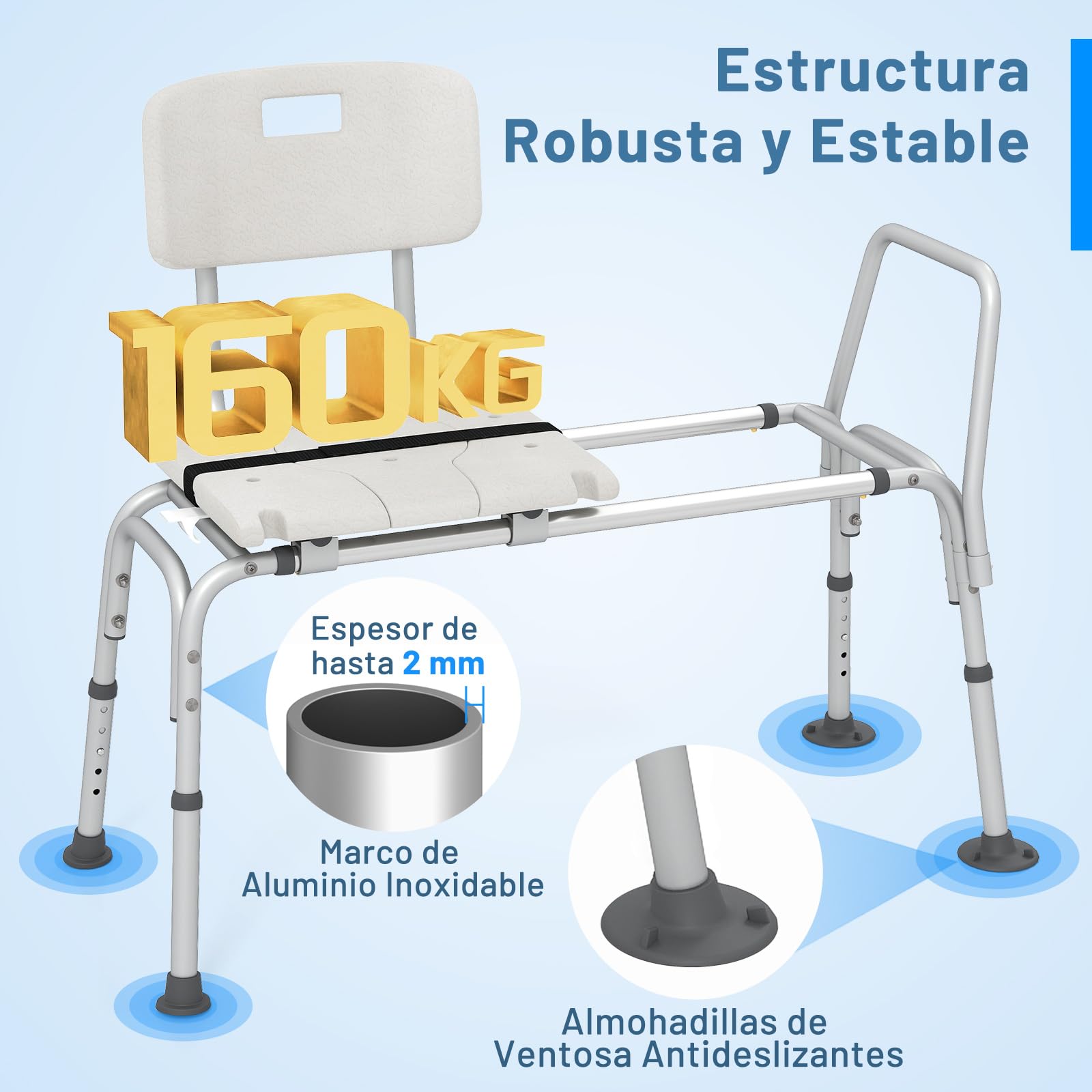 COSTWAY Banco de Baño Extraíble, Silla Ducha con Respaldo Ajustable en Altura con Asiento, Reposabrazos y Cinturón de Seguridad, Banco para Bañera Antideslizante para Ancianos y Discapacidadas