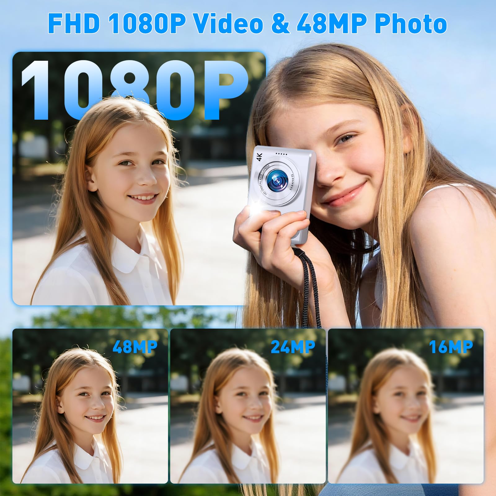 Fotocamera digitale, fotocamera digitale economica 1080p, 48 MP, fotocamere digitali per punti e riprese con doppio obiettivo, luce di riempimento e scheda SD da 32 GB, fotocamera per bambini per