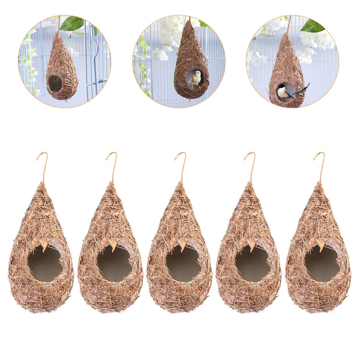 TOYANDONA Set 5 Nidi di Paglia Intrecciati a Mano per Uccelli, Casette Sospese Resistenti e Traspiranti, Rifugio Accogliente per Uccelli e Piccoli Animali, Decorazione per Giardino e Casa