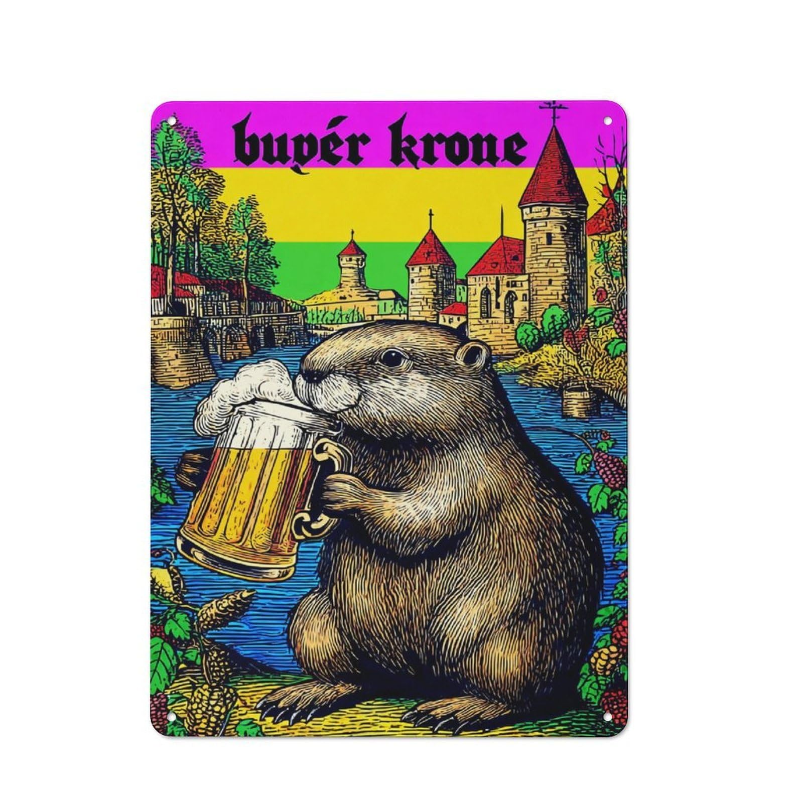 Junmoney Groundhog Drinking Beer In Front Of Castle Creative Metal Wall Decor 40X30cm, Metal Desk Wall Sign For Hobby Room, Office, Lounge Or Living Room