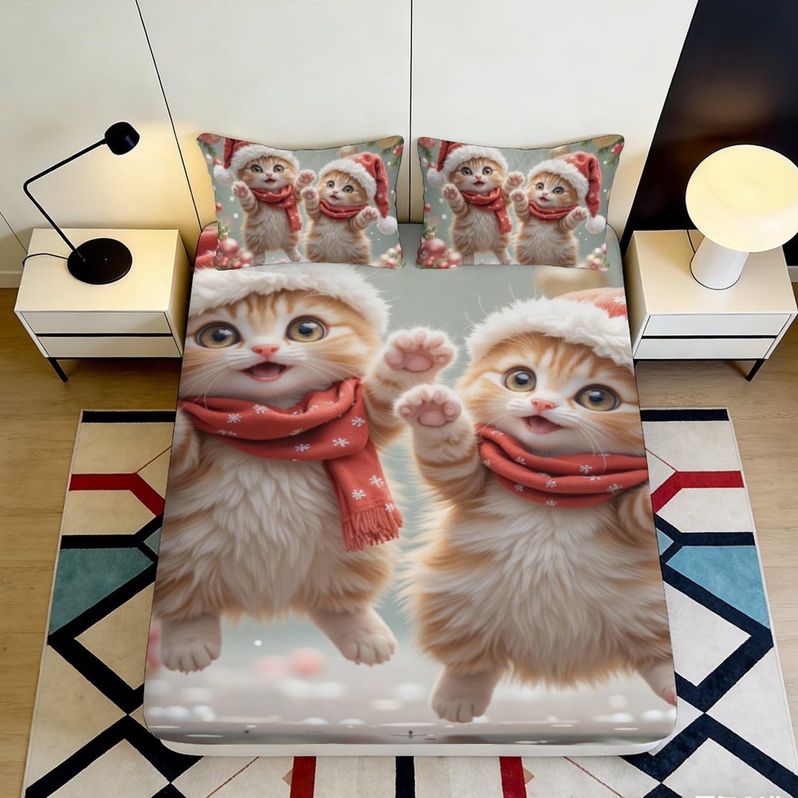 3D Printed Christmas Cat Fitted Sheet Microfiber Soft Cartoon Kitten Bed Cover for Bedroom Dorm Room Decor 90x200x25cm