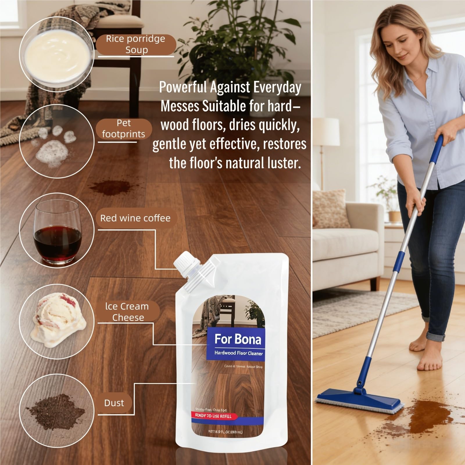 Recambio de Limpiador for Suelos de Madera Dura, 500mL sin Fragancia X6, sin Residuos Secado Rápido, Compatible con Bona Fregona de Spray